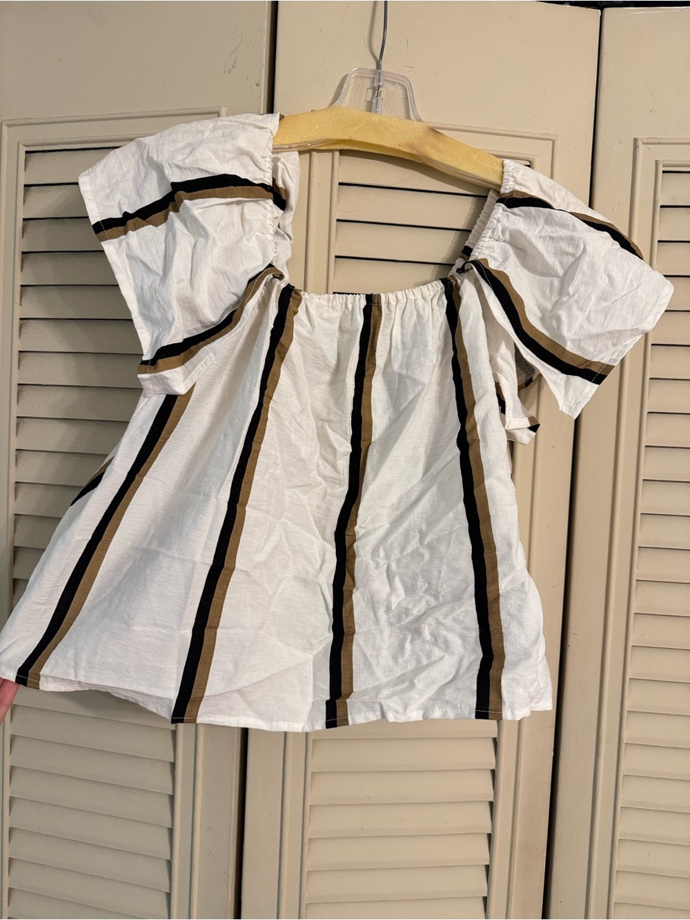 White Off the Shoulder Top with Black and Brown Stripes